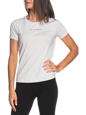 EA7 Kadın Tam Kalıp Kısa Kollu Logolu T-Shirt - Ekru