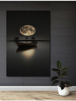 Teona Ahşap Dolunay Işığında Ahşap Tekne Ev,antre,salon Tablosu Yağlı Boya Görünümlü Ahşap Ev,antre,salon Tablo