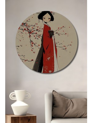 Teona Ahşap Geleneksel Japon Sanatı Görünümlü Genç Kız Soyut Sanat Dekoratif Ahşap Tablo Yuvarlak Duvar Tablosu