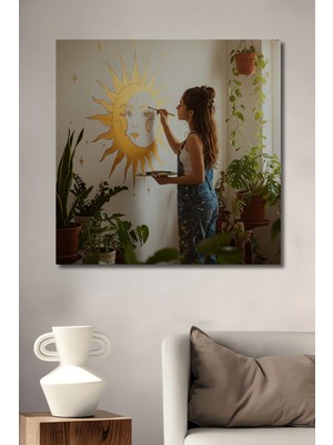 Teona Ahşap Altın Güneş Ay Yüzü Sulu Boya Görünümlü Dekoratif Ahşap Ev,antre,salon,ofis,mutfak,yatak Odası Tablo