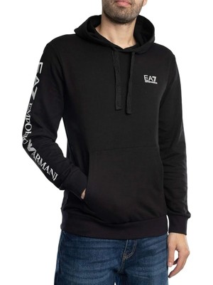 EA7 Erkek Tam Kalıp Kolu Logolu Kapüşonlu Sweatshirt - Siyah