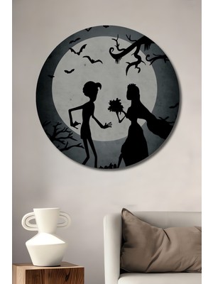 Teona Ahşap Dramatik Dolunay Aşkı Silüet Yağlı Boya Görünümlü Dekoratif Ahşap Tablo Yuvarlak Duvar Tablosu