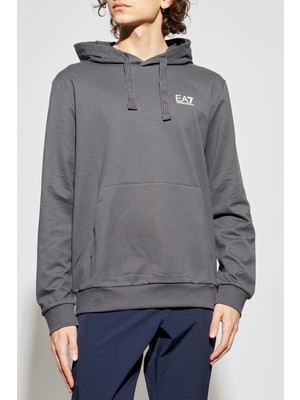 EA7 Erkek Tam Kalıp Kapüşonlu Yazı Logolu Sweatshirt - Gri