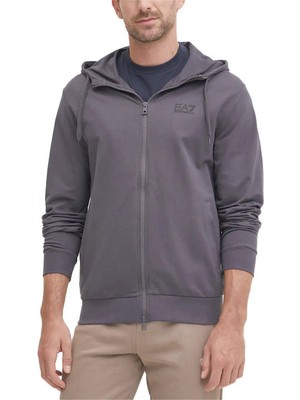 EA7 Erkek Tam Kalıp Fermuarlı Kapüşonlu Sweatshirt - Füme