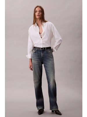 Calvin Klein Kadın Tam Kalıp Desenli %100 Pamuk Gömlek - Beyaz