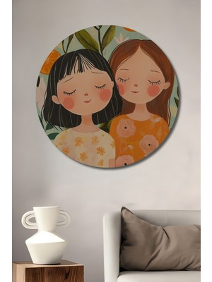 Teona Ahşap Portakal Ağacı Altında Iki Kız Kardeş Sulu Boya Görünümlü Ahşap Dekoratif Tablo Yuvarlak Duvar Tablosu