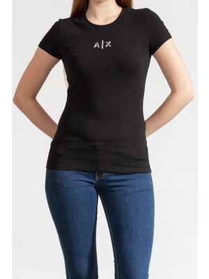 Armani Exchange Kadın Bisiklet Yaka Tam Kalıp Logo Detaylı T-Shirt - Siyah