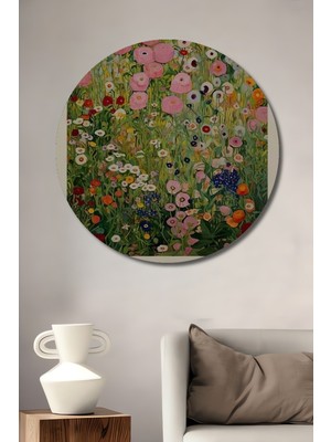 Teona Ahşap Gustav Klimt Bahar Çiçekleri Yağlı Boya Görünümlü Dekoratif Ahşap Tablo Yuvarlak Duvar Tablosu