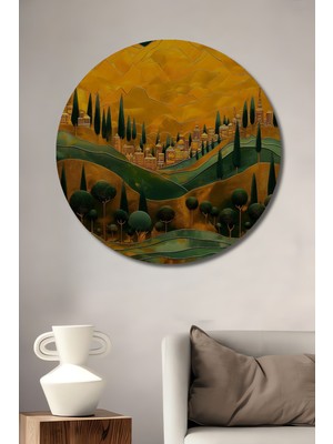 Teona Ahşap Altın Ay Işığı Şehri Yağlı Boya Görünümlü Dekoratif Ahşap Tablo Yuvarlak Duvar Tablosu