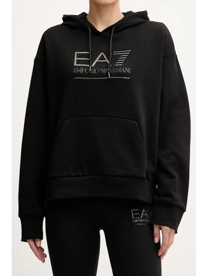 EA7 Kadın Tam Kalıp Kapüşonlu Metalik Logolu Sweatshirt - Siyah/gümüş