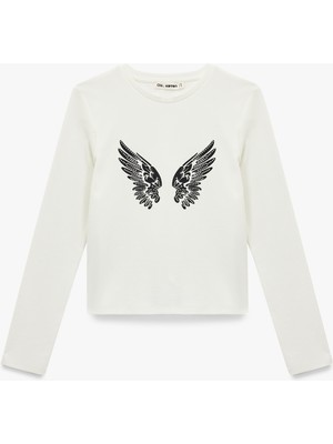 Koton Pamuklu Taş Detaylı Slim Fit Kanat Baskılı Uzun Kollu Tişört