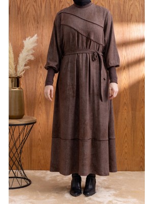 Letafet Kolları ve Yakası Ribanalı Elbise - Kahve