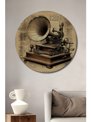 Teona Ahşap Vintage Gramofon Yağlı Boya Görünümlü Ahşap Dekoratif Tablo Yuvarlak Duvar Tablosu