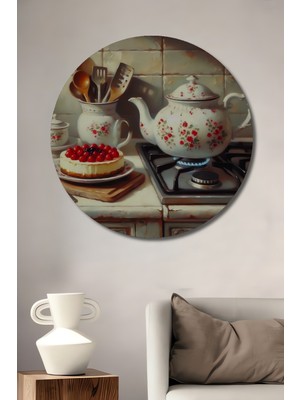 Teona Ahşap Klasik Mutfak Sahnesi Yağlı Boya Görünümlü Ahşap Dekoratif Tablo Yuvarlak Duvar Tablosu