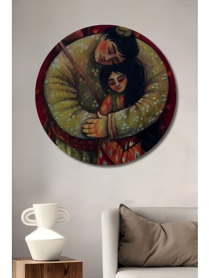 Teona Ahşap Anneli Babalı Sevgi Sanatı Ahşap Dekoratif Tablo Yuvarlak Duvar Tablosu