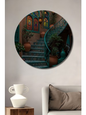 Teona Ahşap Gızemlı Fas Avlusu Mozaik Merdiven Sulu Boya Görünümlü Dekoratif Ahşap Tablo Yuvarlak Duvar Tablosu