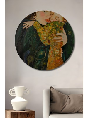 Teona Ahşap Anne Bebek Kucaklaşması Yağlı Boya Görünümlü Ahşap Dekoratif Tablo Yuvarlak Duvar Tablosu