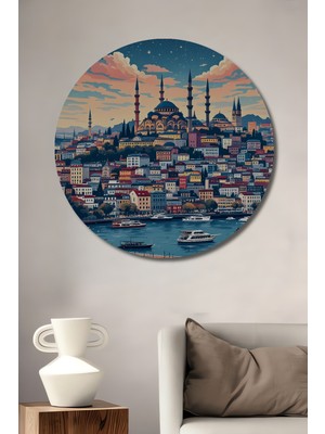 Teona Ahşap Istanbul Gecesi Sulu Boya Görünümlü Dekoratif Ahşap Tablo Yuvarlak Duvar Tablosu
