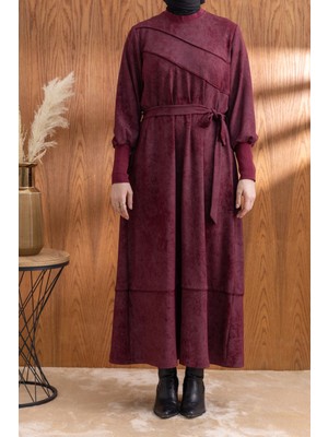 Letafet Kolları ve Yakası Ribanalı Elbise - Bordo