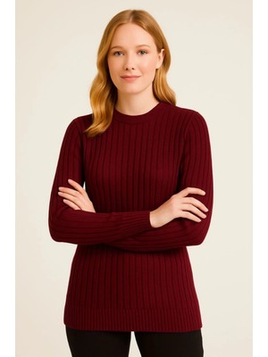 byasafkids Bisiklet Yuvarlak Yaka Triko Kazak Pamuklu Kalın Fitilli Dokuma, Regular Fit Uzun Kollu Kışlık Model - Bordo