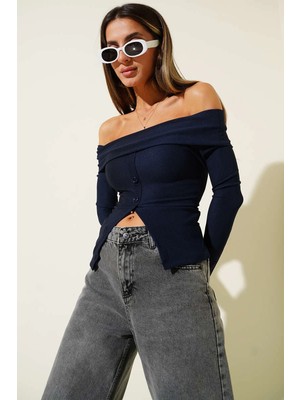 Bigelal Madonna Yaka Düğmeli Bluz Lacivert
