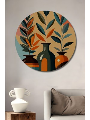 Teona Ahşap Soyut Modern Sanat Vazo ve Yapraklar Yağlı Boya Görünümlü Ahşap Dekoratif Tablo Yuvarlak Duvar Tablosu