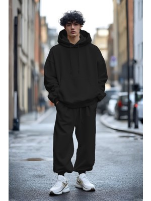 Yakamel Erkek Oversıze 3iplik Kapüşonlu Kanguru Cep Eşofman Takımı