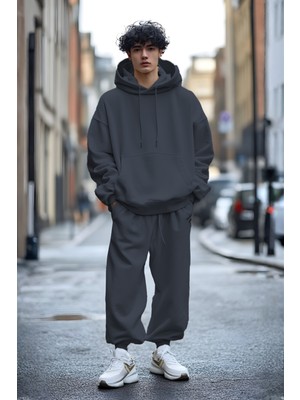 Yakamel Erkek Oversıze 3iplik Kapüşonlu Kanguru Cep Eşofman Takımı