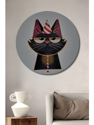 Teona Ahşap Asık Suratlı Kedi Doğum Günü Pastası Görünümlü Modern Sanat Ahşap Tablo Yuvarlak Duvar Tablosu