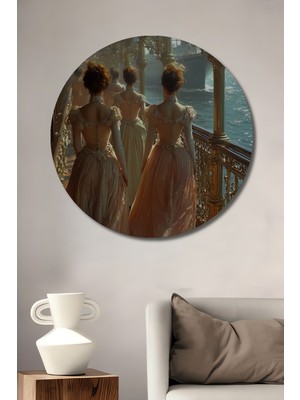 Teona Ahşap Balo Kırmızısı Zarif Elbiseli Kadınlar ve Lüks Gemili Sahil Manzarası Yağlı Boya Görünümlü Sanat Tablosu Yuvarlak Duvar Tablosu