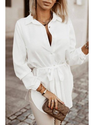 Mareandpanda Kadın Metal Düğmeli Beli Kuşaklı Pamuk Polyester Kumaş Gömlek Elbise