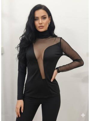 Mareandpanda Kadın Uzun Kollu Balıkçı Yaka Önü Asimetrik Transparan Detay Bluz