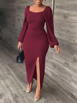 Mareandpanda Kadın Uzun Kollu Geometrik Yakalı Yandan Yırtmaçlı Uzun Janjan Krep Elbise