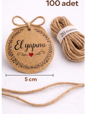 Naturevo 5 cm Kraft Yuvarlak Hediye Etiketi – 100 Adet | Yazılabilir Arka Yüz + 20 Metre Jüt Ip