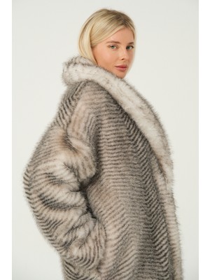 Eva Clothing Kadın Bej Lüks Uzun Suni Kürk Kaban