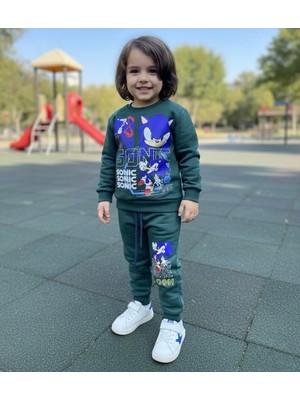 Çocuk İşleri Sonıc Karakterli Çocuk Yeşil Alt Üst Takım 3 Iplik Şardonlu