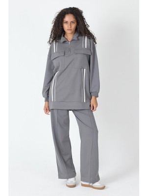 Füme Kadın Etek Yırtmaçlı Fermuar Kapamalı Cep Detaylı Sweatshirt ve Bol Paça Nervürlü Pantolon Pamuklu Örme Alt Üst Takım