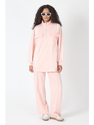 Pudra Kadın Etek Yırtmaçlı Fermuar Kapamalı Cep Detaylı Sweatshirt ve Bol Paça Nervürlü Pantolon Pamuklu Örme Alt Üst Takım