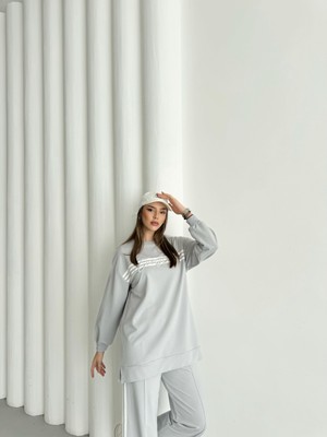 Boyalı Gri Kadın Bisiklet Yaka Nakışlı Şerit Detaylı Pamuklu Örme Alt Üst Takım