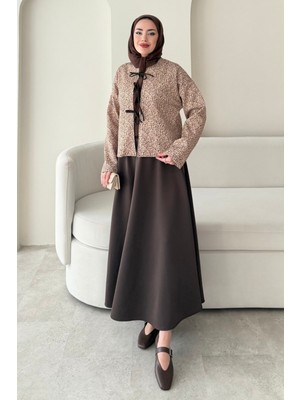 Tesettür Diyarı Leopar Desen Scuba Tesettür Takım- Kahverengi-Bej