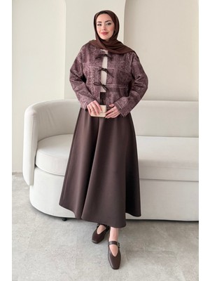 Tesettür Diyarı Etnik Desen Scuba Tesettür Takım- Acı Kahve