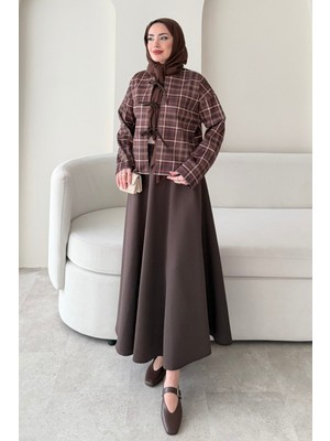 Tesettür Diyarı Ekose Desen Scuba Tesettür Takım- Kahverengi