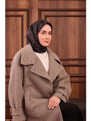 Silk Home Twill Ipek Eşarp Siyah Füme Çiçek Desenli Tok Duruşlu 90X90