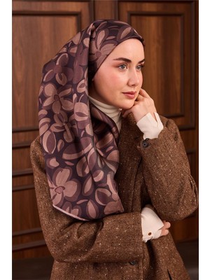 Silk Home Twill Ipek Eşarp Acı Kahve Vizon Kahverengi Papatya Desenli Tok Duruşlu 90X90