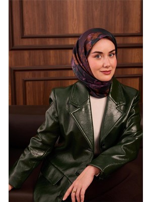 Silk Home Twill Ipek Eşarp Koyu Yeşil–eflatun Çiçek Desenli Tok Duruşlu 90X90
