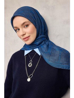 Silk Home Pamuk Polyester Soft Eşarp Geometrik Desen Gri Mavi 90*90