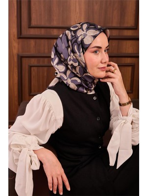 Silk Home Twill Ipek Eşarp Pastel Mor Taş Siyah Papatya Desenli Tok Duruşlu 90X90