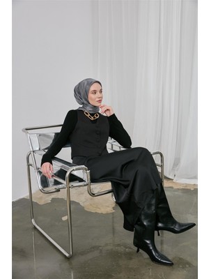 Silk Home Polyester Karışımlı Eşarp Koyu Gri Etnik Desenli Parlak Dokulu 90X90