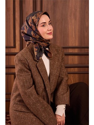 Silk Home Twill Ipek Eşarp Lacivert Çiçek Desenli Tok Duruşlu 90X90