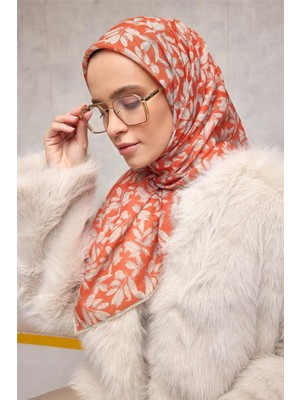 Silk Home Pamuk Polyester Soft Eşarp Çiçek Desen Turuncu 90*90